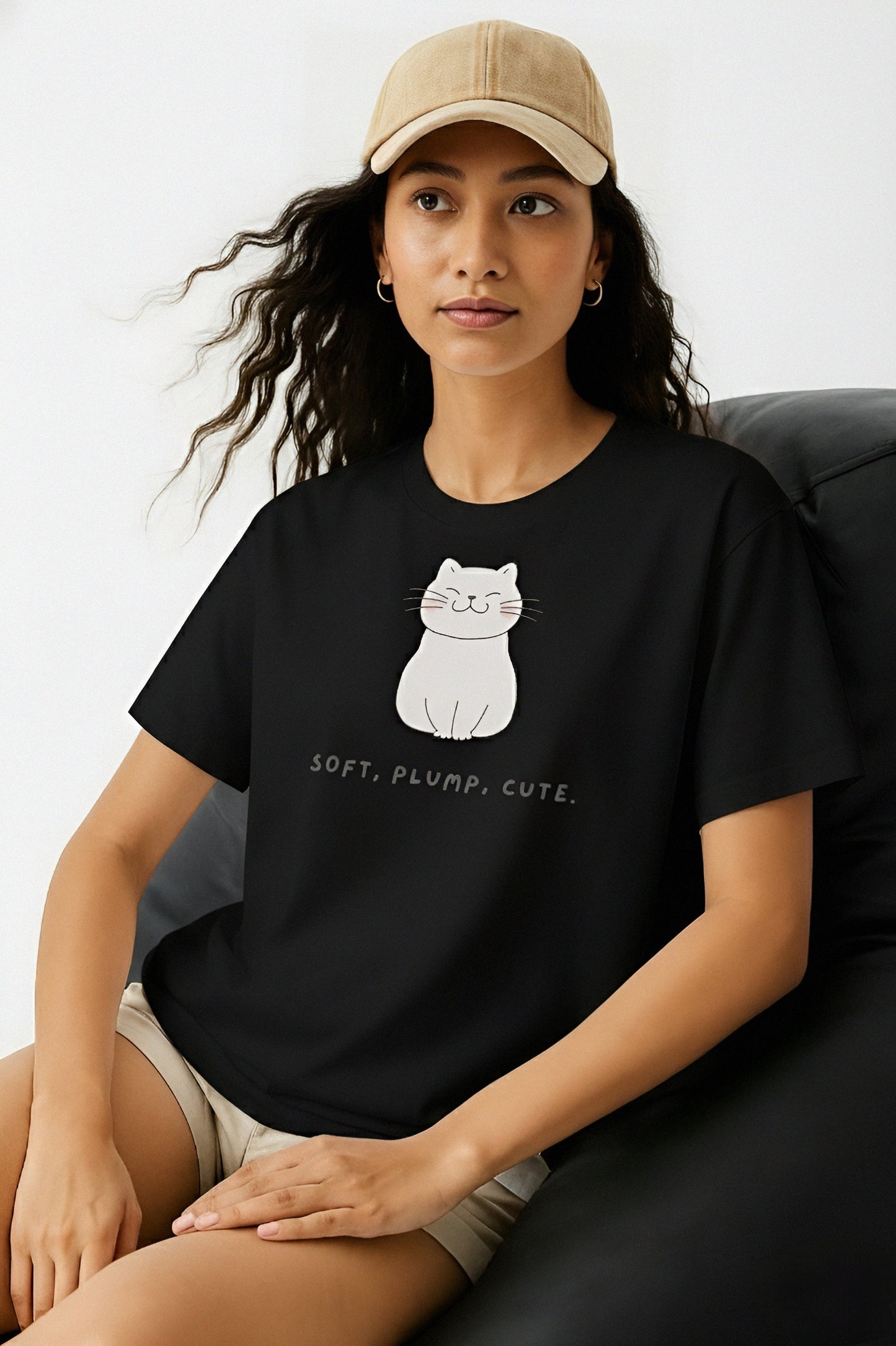 Cute Cartoon Cat – Black Regular Fit T-Shirt